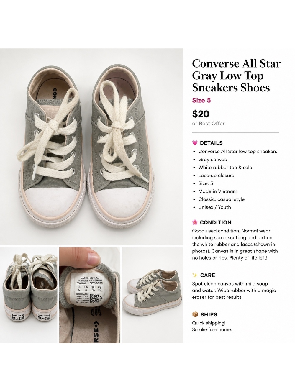 Converse All Star Gray Low Top Sneakers Kids Size 5